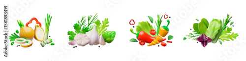 3D set of fresh vegetables and greens, cabbage, basil, pepper, onion, garlic, asparagus, dill.