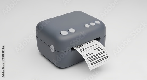 Gray portable label printer, printing a document, isolated on white background.