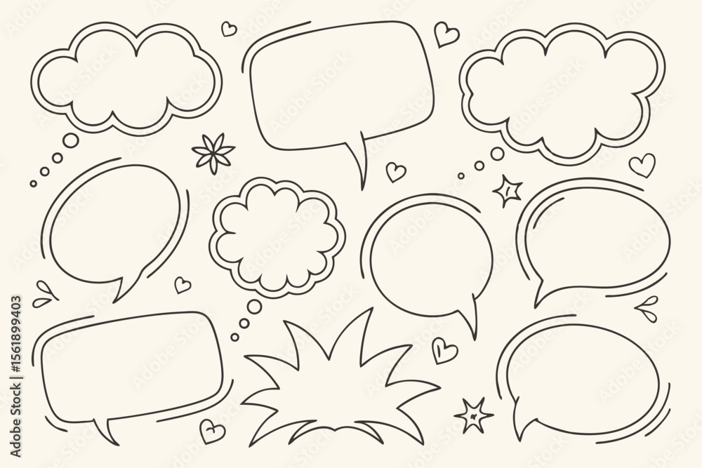 Fototapeta premium Collection of hand drawn speech bubbles and thought clouds in various shapes