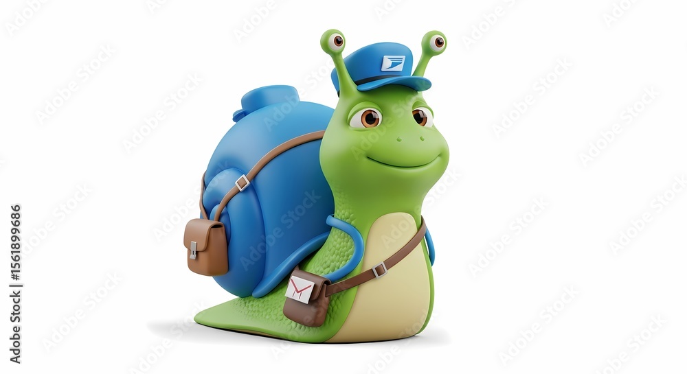 Obraz premium A cartoon snail postal worker carrying mail bags, wearing a mailman's cap.
