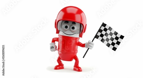 Cheerful cartoon racer celebrates victory, holding a checkered flag.