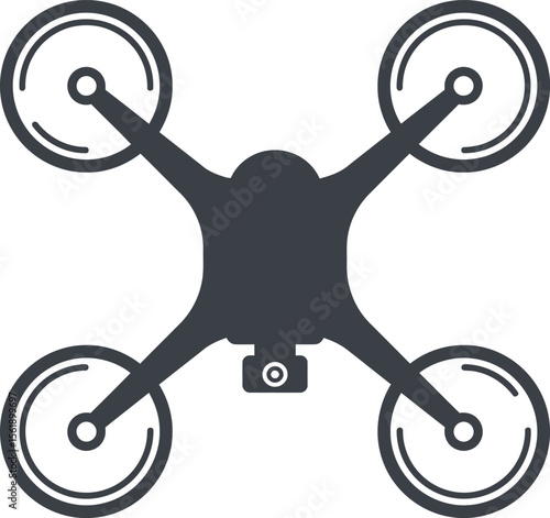 Overhead view of a quadcopter drone, equipped with a camera, ready for flight.