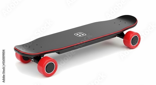 A black electric skateboard with red accents, angled view, isolated on white background.
