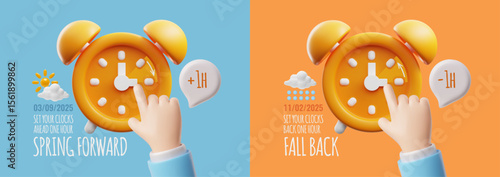3D set of posters for changing clocks to summer and winter time.