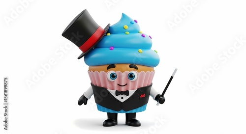 A cartoon cupcake magician wearing a top hat and tuxedo, holding a magic wand.