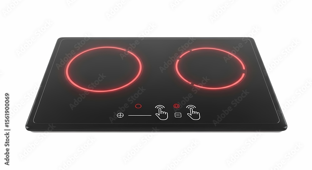 Fototapeta premium Modern black glass electric stovetop with glowing red heating elements.
