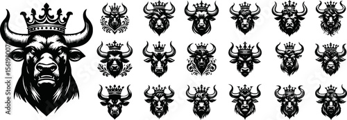silhouette of head of a bull with a crown on black background