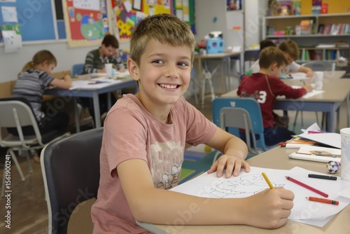 young student sits at the table, writes and laughs