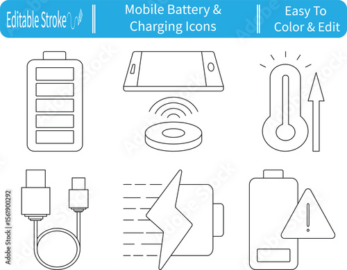 Mobile battery and charging icons set. Includes USB cable, wireless charger, full and low battery indicators, heat warning, and fast charge icon. Editable stroke. Easy to customize and color.