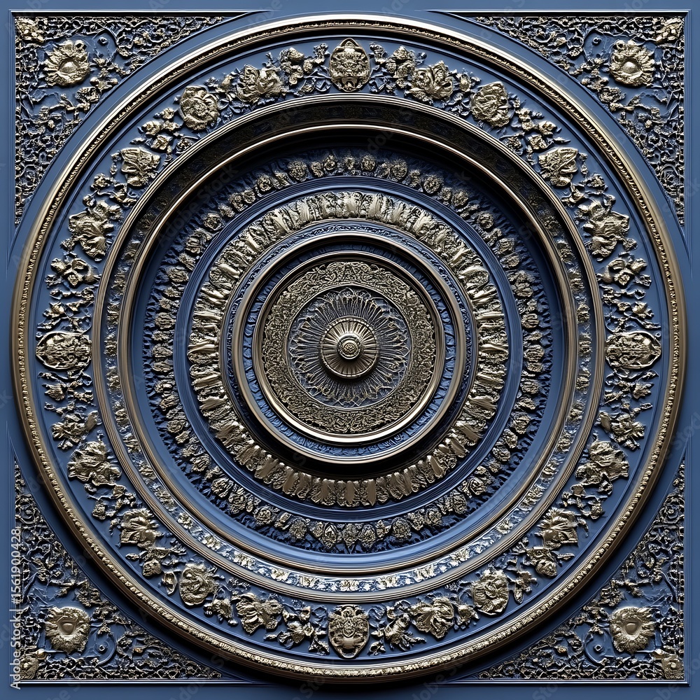 Obraz premium Ornate, decorative, circular ceiling medallion. Intricate, detailed, gold accents on a dark blue background