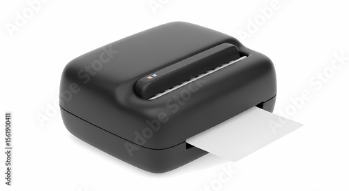 Compact portable printer producing a small printout.  A small, black, rectangular device prints a piece of paper.
