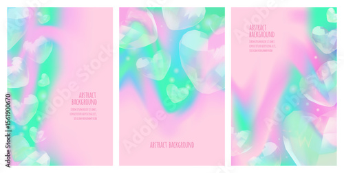 3D glass hearts on colorful gradient, vector abstract backgrounds set, transparent iridescent gem stones love symbol