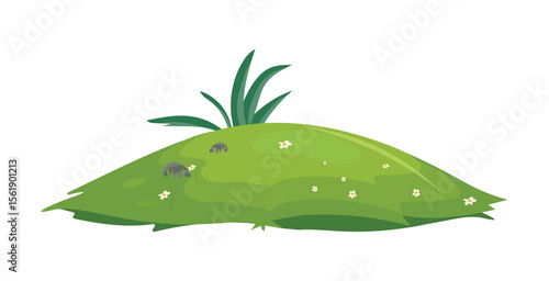 Greenery grass fields spring meadow with rock flat vector illustration