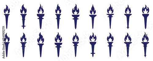 Symmetrical arrangement of blue torch illustrations on a white backdrop signifying light, illumination, and symbolic representation, silhouette