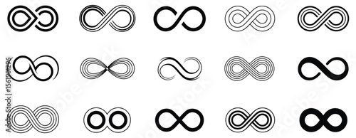 Fifteen infinity symbol variations are depicted with unique stylized designs, representing limitless possibilities and enduring connections, silhouette