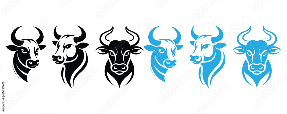 Fototapeta premium Stylized bull heads in black and blue create a modern and versatile vector set of powerful animal symbols, silhouette