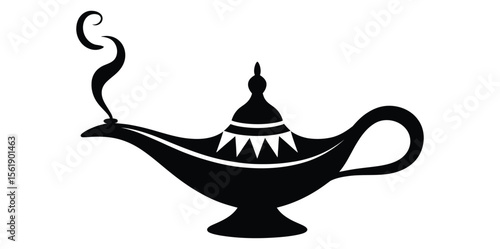 A magical genie lamp emits smoke from its spout against a white background, representing fantasy and folklore, silhouette