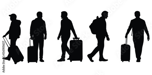 Silhouettes of diverse travelers walking with luggage offers a versatile travel and lifestyle concept in black and white