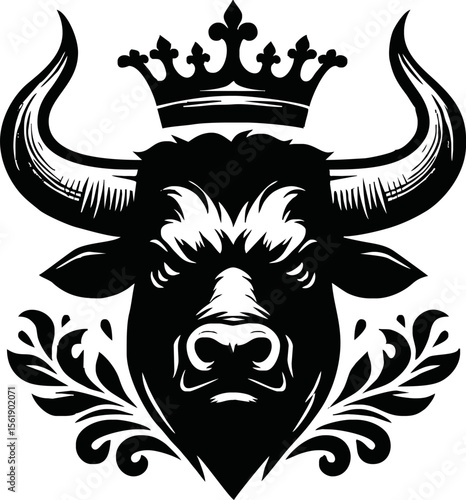 silhouette of head of a bull with a crown on black background