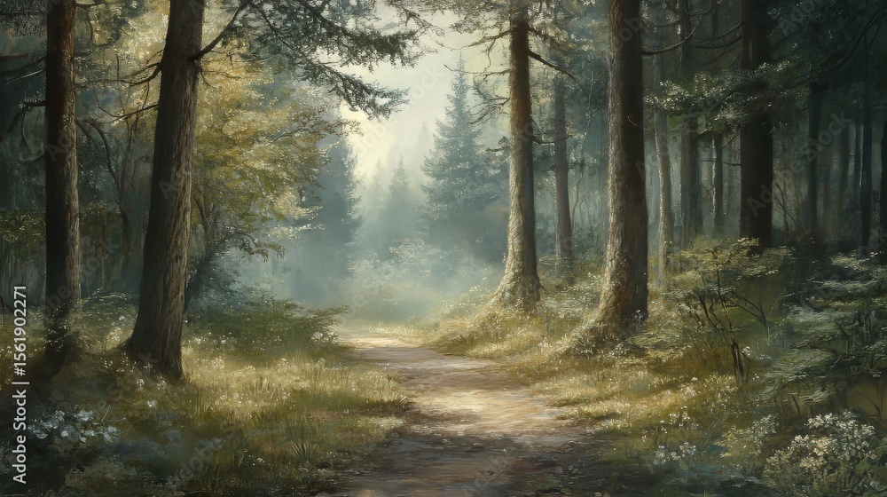 Fototapeta premium Walking slowly along a path in the forest, enjoying the peaceful surroundings