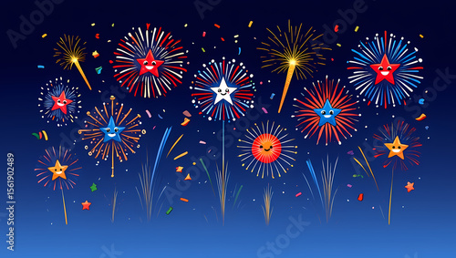 Illustration of patriotic fireworks with stars on a blue gradient background