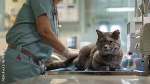 A vet is scanning a Scottish Fold cat with an X-ray machine.