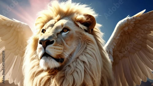 Majestic winged lion with white feathered wings gazes towards the sky, bathed in sunlight and against a blue cloudscape.