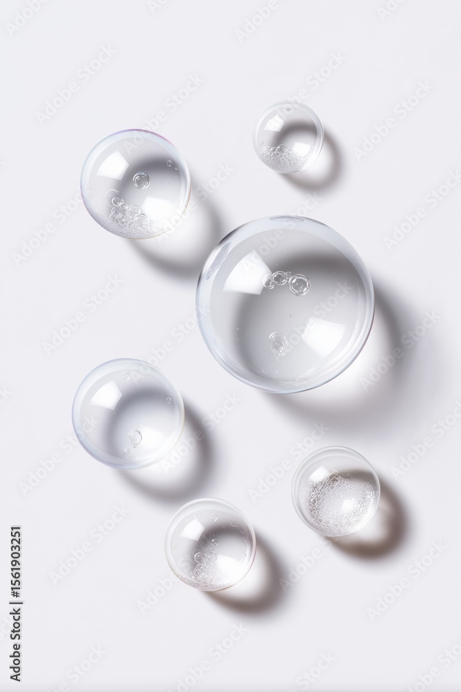 Translucent floating soap bubbles on white background with subtle shadows Translucent floating soap bubbles on white background with subtle shadows