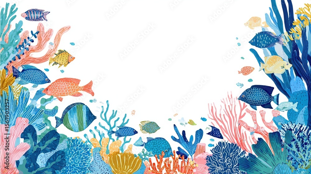 Obraz premium Reef fishes swimming with coral, an invitation card background for marine life concepts