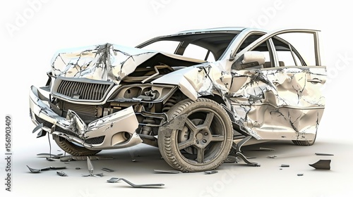 A white car was damaged in a road accident. The broken car is shown in isolation on a white background with a clipping path.