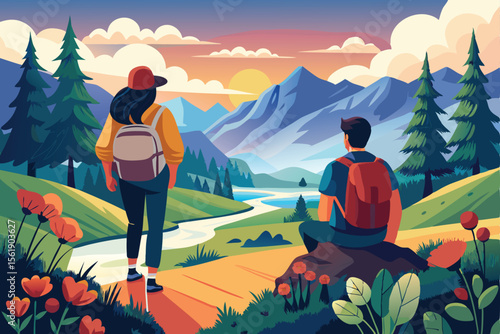 Man and woman hikers on a mountain top, enjoying the summer sky and freedom of the landscape view