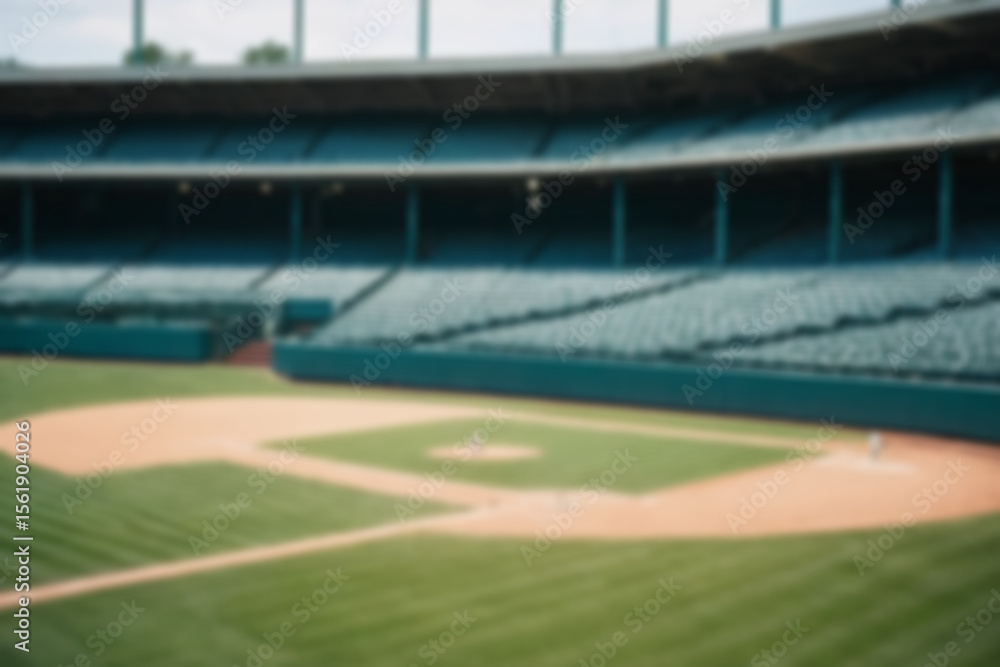 Fototapeta premium Blurry photo of a baseball field, inside a magnificent stadium with no people in sight.