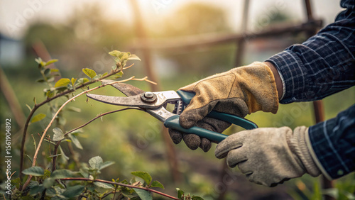 a gloved hand tightly gripping well-used pruning shear - concept of hard work and care. Agricultrue