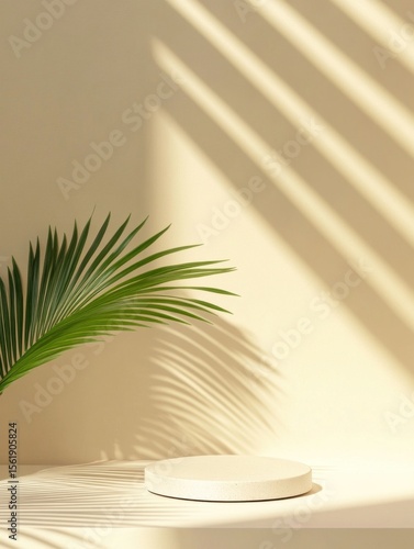 Wallpaper Mural Empty round light-colored podium against warm beige wall with palm leaf and strong geometric shadows. Ideal for summer or minimalist product display Torontodigital.ca