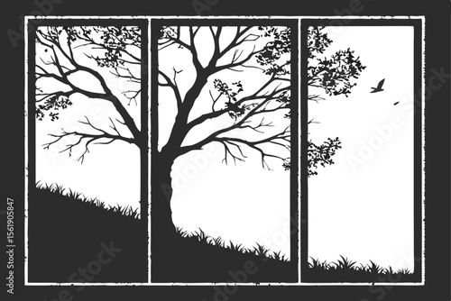 Stylized silhouette of a large tree with branches and leaves across three panels