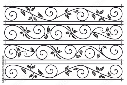 Elegant wrought iron scrollwork with floral leaf patterns in horizontal bands