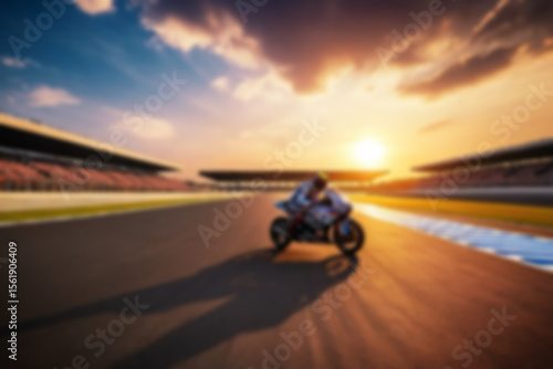 Blurry photo of a racing circuit atmosphere showing racers on the track with a yellow sunset,