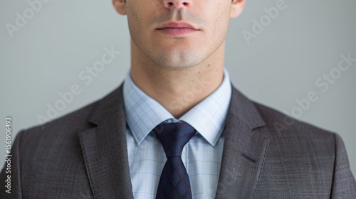 Businessman in a suit jacket, shirt and tie with the head cropped out for use in passport photos or other documents.