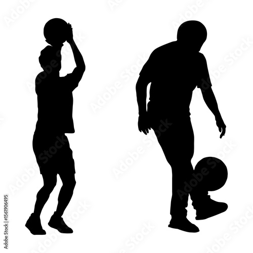 Two black silhouettes of male athletes: one basketball player in a shooting pose and one football (soccer) player juggling the ball. Both isolated on a clean white background.
