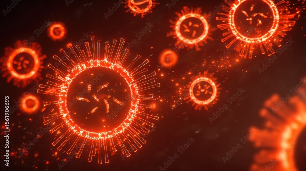 Fototapeta premium Glowing circular virus-like structures with orange-red neon cores, detailed molecular patterns, radiating spike protrusions, dark background, scattered light particles.