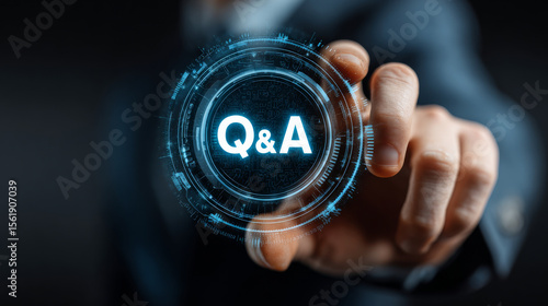 Person in suit interacts with digital Q&A interface, symbolizing technology and communication