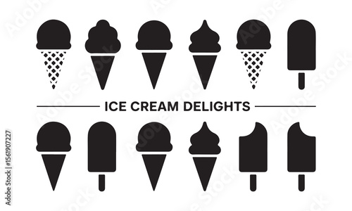 Collection of ice cream cones and popsicles in a simple black silhouette style