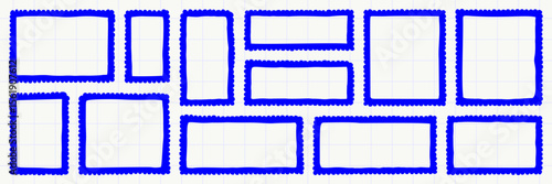 Set of hand drawn blue scallop rectangle frame with wavy border. Isolated vector elements for postcard template, decoration, photo mask or text box