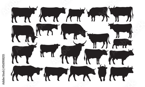 Collection of black cattle silhouettes in various poses and breeds silhouette
