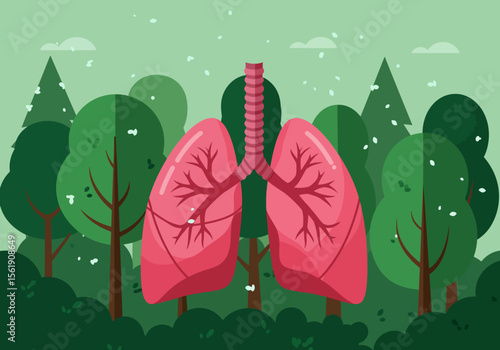 Stylized lungs and trachea shown in a green forest illustration