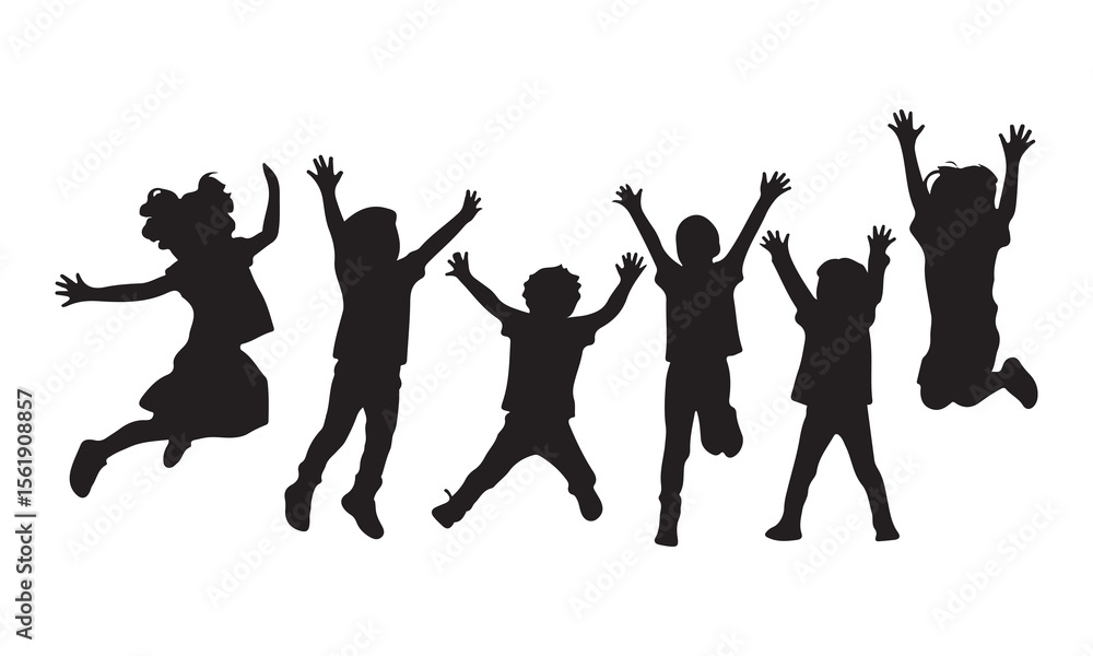 Fototapeta premium Diverse group of children joyfully jumping in the air silhouette