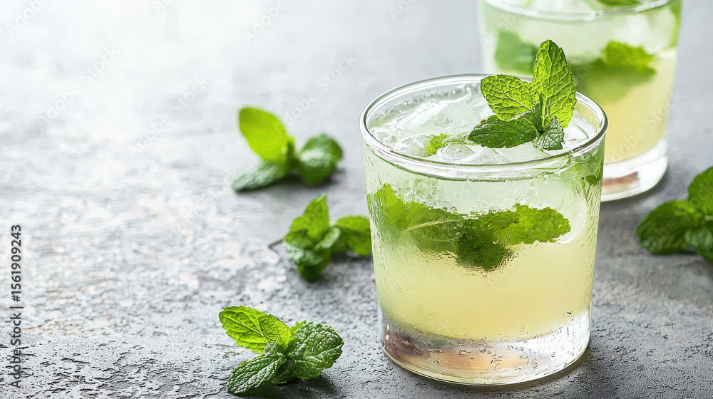 Fototapeta premium Refreshing mint cocktail with ice and mint leaves, perfect for summer gatherings and celebrations