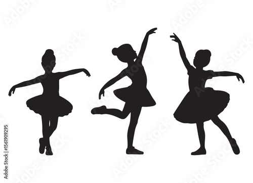 Three young ballet dancers performing graceful poses in silhouette