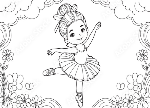 Cute ballerina girl in tutu dancing gracefully with flowers and clouds silhouette