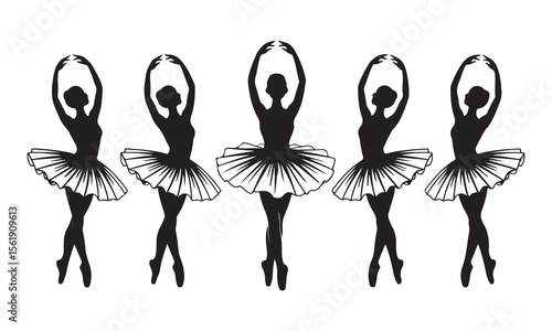 Five elegant ballerinas in tutus performing ballet poses silhouette